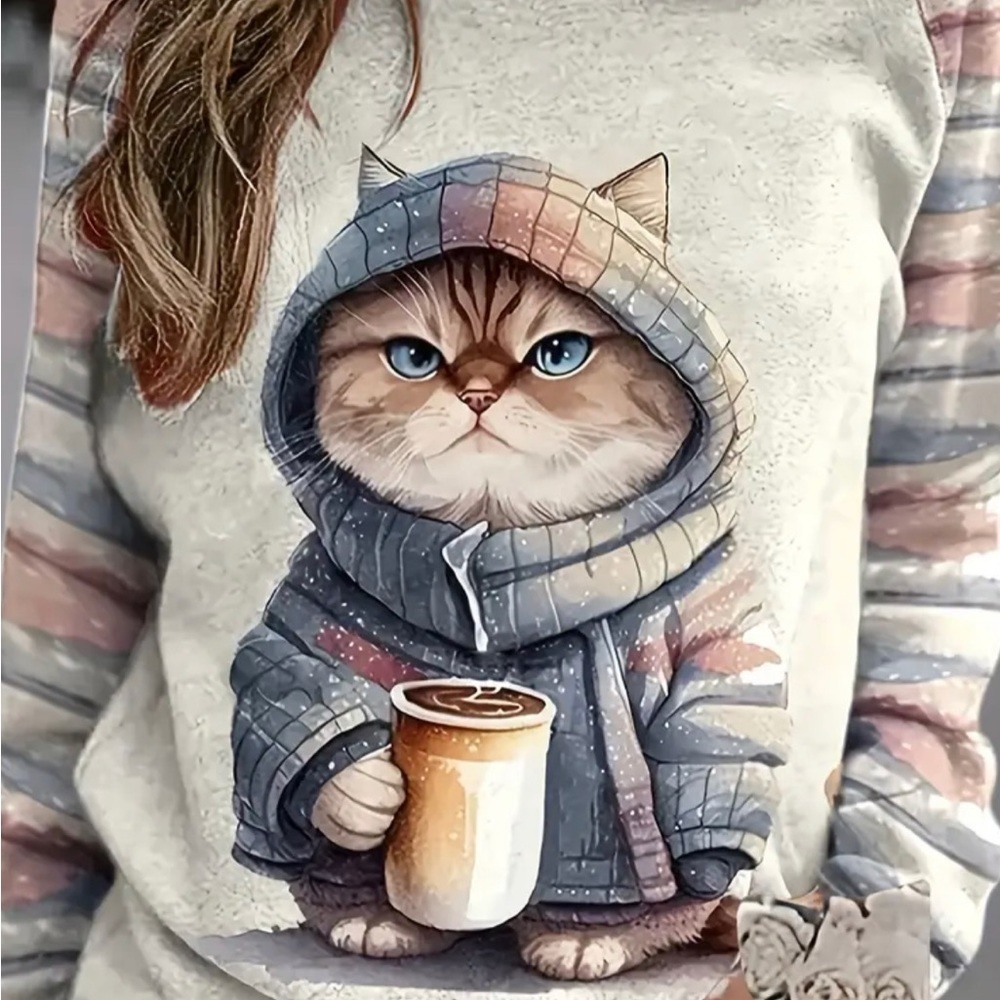 New casual kitty sipping coffee sweatshirt so cute !! Size plus 22 W 🌺🌺🌹BN 49